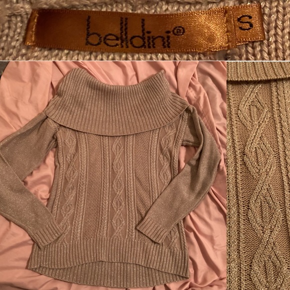 Belldini Cowl Neck Cable Knit Shimmery Sweater - Picture 4 of 5
